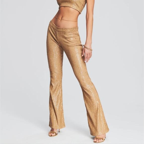 Retrofête Julien Sequin Knit Flare Pants Nude Tan High Rise L NWT Party - Picture 2 of 15